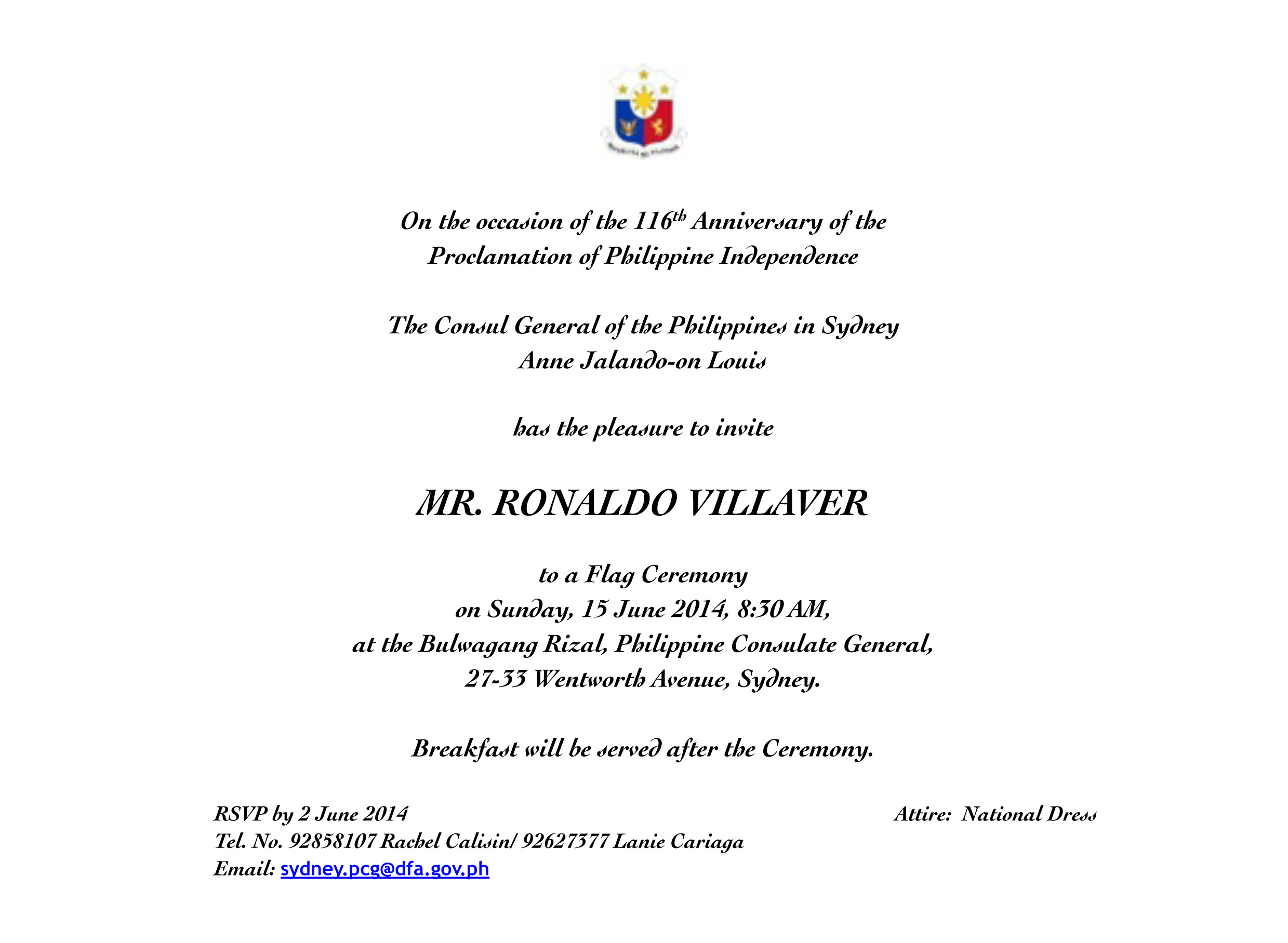 Invitation - Flag Raising at the Bulwagang Rizal, Philippine Consulate General Sydney on 15 June 2014.